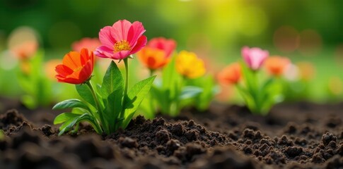 Colorful blooms growing from cow compost pile, organic farming, fertilizer, gardening