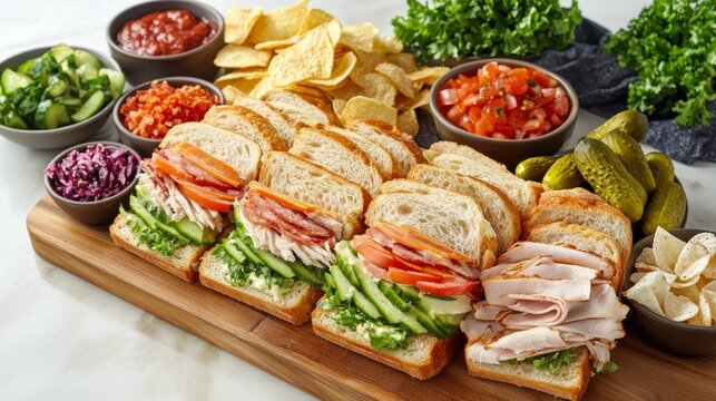 A delicious assortment of gourmet sandwiches on a cutting board. Featuring creativity and flavor