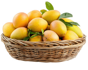 Fresh mangoes in woven basket create vibrant and inviting display, showcasing their bright yellow color and smooth texture, perfect for any fruit lover