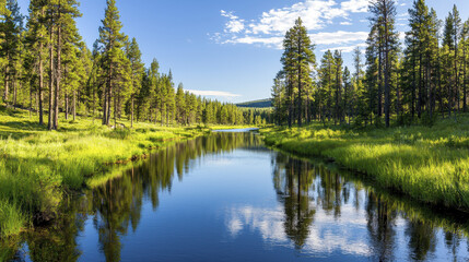 tranquil river flows through lush green forest, surrounded by tall trees and vibrant grass under clear blue sky