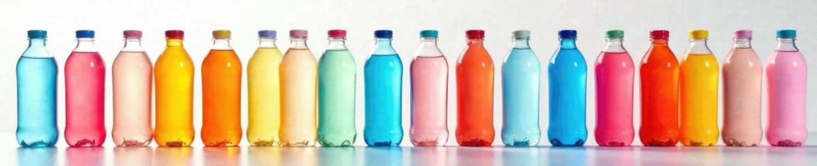 Colorful water bottles lined up on a plain surface, water, flat lay,