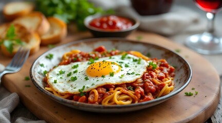 Delicious Spaghetti with Fried Egg and Marinara Sauce