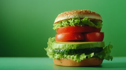 A delicious avocado burger with lettuce and tomato. Featuring indulgence and freshness