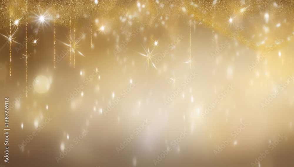 Poster golden glittering background with glowing sparkles, hanging light strings, shimmering bokeh, and fes