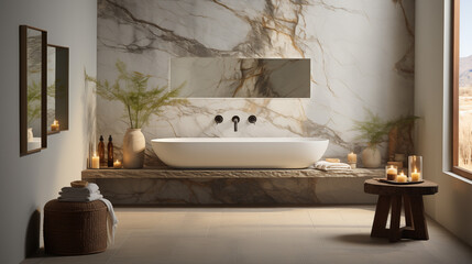 Salle de bain moderne et élégante avec mur en marbre. Baignoire, architecture, plante, déco, luxe. Arrière-plan pour conception et création graphique.