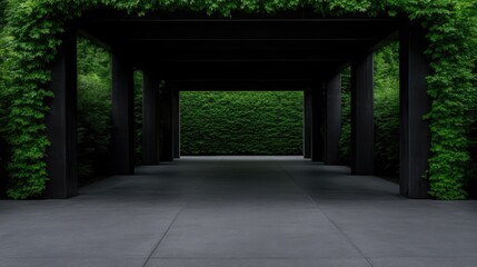 Dark, modern walkway through a lush green garden