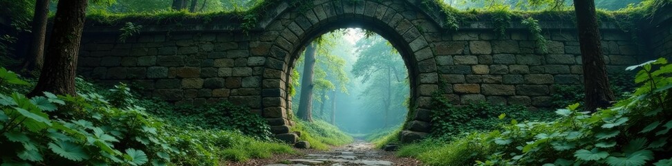 Enchanted forest behind a crumbling stone wall, forest, trees, mystical