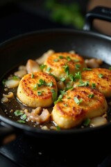 Fototapeta premium Entenbrust cooking in a hot pan with onion and garlic, onion, hot pan
