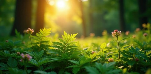 Obraz premium Evening light filters through the fern fronds, leaves, wildflowers, tree