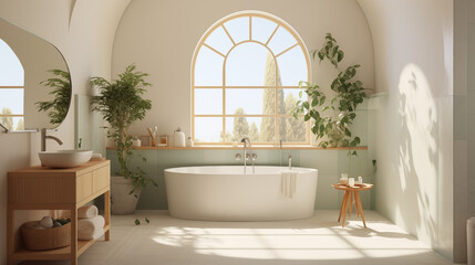 Salle de bain moderne et &eacute;l&eacute;gante. Blanc et vert pastel. Baignoire, architecture, plante, d&eacute;co, luxe. Arri&egrave;re-plan pour conception et cr&eacute;ation graphique.