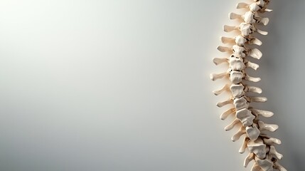 Obraz premium Detailed view of a human spine against a soft gray background, highlighting its anatomical structure and curvature.