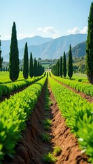 Naklejka premium Greenhouse rows in Almeria fields with cypress trees, agricultural scenery, almeria, agricultural land