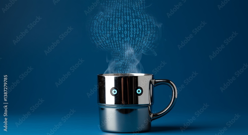 Poster digital brew a robotic coffee cup steaming with binary code, symbolizing ai and technology, against 