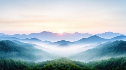 Fototapeta premium Serene mountain ranges are depicted at sunrise, shrouded in mist. The foreground shows lush green forests. The image boasts high resolution and soft, natural lighting. Its style is peaceful and idy
