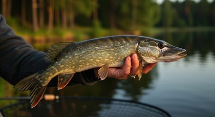 Fisherman holding northern pike freshwater fish. Freshly caught game in the hand for trophy catch. Wild animal in nature against blurred background, fishing sport