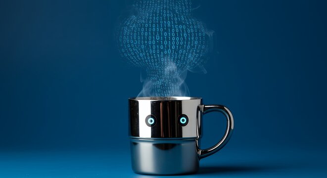 Digital Brew A Robotic Coffee Cup Steaming with Binary Code, Symbolizing AI and Technology, Against a Blue Background