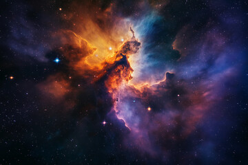 Obraz premium a cosmic scene, showcasing a vibrant and detailed nebula in deep space. The focus is on the interplay of light, color, and texture, creating a dynamic and ethereal atmosphere. 