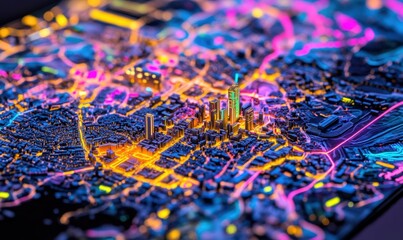 Fototapeta premium Neon Cityscape at Night Aerial View