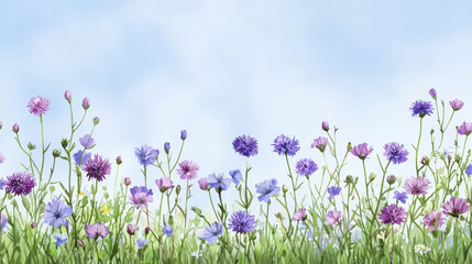 Obraz premium Colorful wildflowers bloom in vibrant meadow under soft blue sky, creating serene and cheerful atmosphere