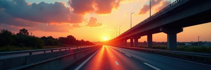 Fototapeta premium Highway road under overpass with warm sunset glow, highway road, highway, clouds