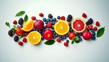The photo shows a set of raw fruits and berries , 
