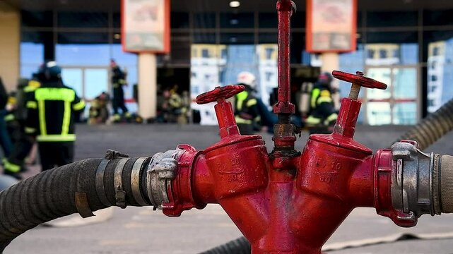Red fire hydrant with connected hoses against the background of working firefighters