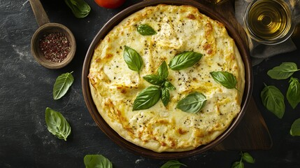 A delicious cheese pizza with fresh basil and mozzarella. Featuring indulgence and simplicity