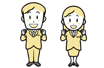 笑顔で応援する、スーツを着た若い男女