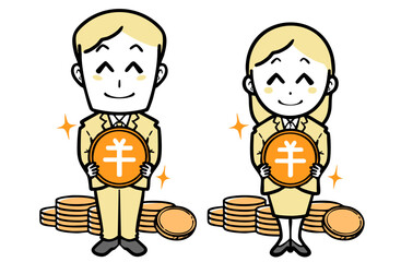 笑顔で日本円のコインを持つ、スーツを着た若い男女