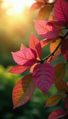 Obraz premium Pink chaulmoogra leaves against a backdrop of bright sunlight, botanical, foliage, tree