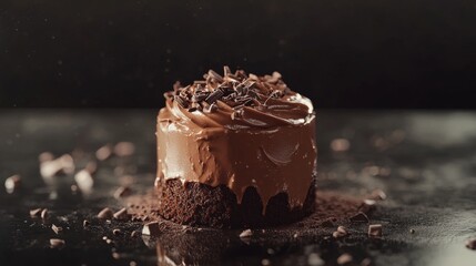A delicious chocolate cake with a creamy frosting. Featuring indulgence and sweetness