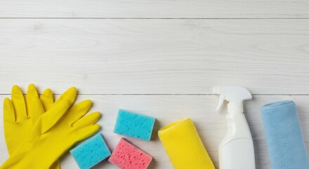 House cleaning supplies on white surface for home hygiene concept. Top view flat lay photo: detergent spray, rag, sponges and rubber gloves for housework and home routine.