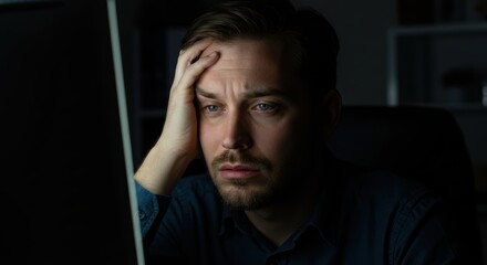 Exhausted Man Working Late in Dark Office with Concerned Expression, Project Deadline Pressure Concept for Business Overwork and Mental Fatigue Creative Project