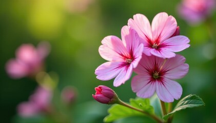 Fototapeta premium Pink white geranium flowers attract pollinators in the garden, flowering plants, pollinator plants