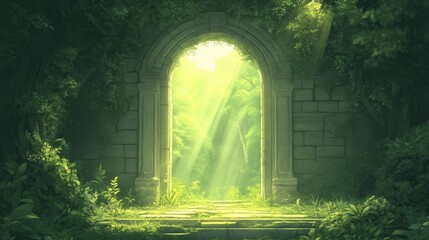 Obraz premium Lush overgrown archway leading to a sunlit path