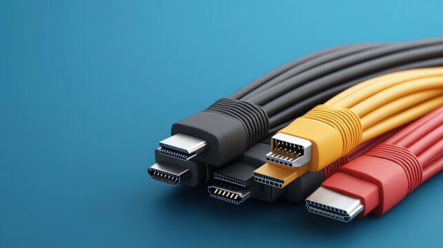 Colorful Data Cables with Different Connectors Isolated on a Blue Background for Technology Backgrounds