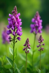 Fototapeta premium Purple flowers of Penstemon Sour Grapes blooming in a lush green meadow, foliage, penstemon