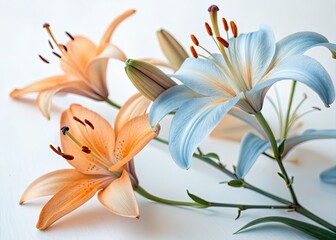Fototapeta premium Soft orange and blue light bathes serene white lilies, a captivating floral photograph.