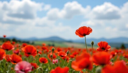 Naklejka premium Poppy Field in Red Generate an image representing a field of poppies with a soft focus and varying shades of red.