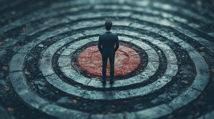 Businessman standing on a target symbolizing focus and achievement a conceptual illustration for business strategy and success