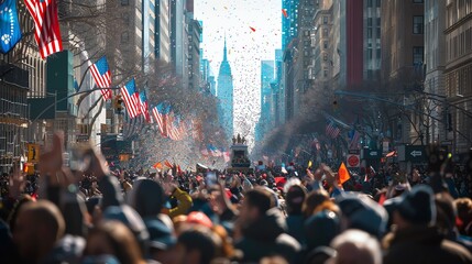 Obraz premium Crowds of people line the streets of a city during a parade. The buildings are tall and the confetti falling from the sky.