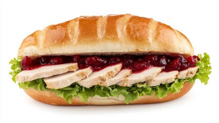 A delicious sandwich with turkey, cranberry sauce, and lettuce. Featuring flavor and comfort