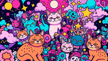 Naklejka premium A delightful illustration of colorful cats surrounded by stars, clouds, and whimsical designs.