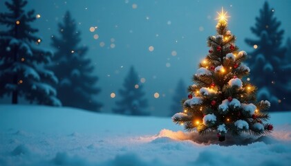 Snow-covered Christmas tree with twinkling lights, greenery,