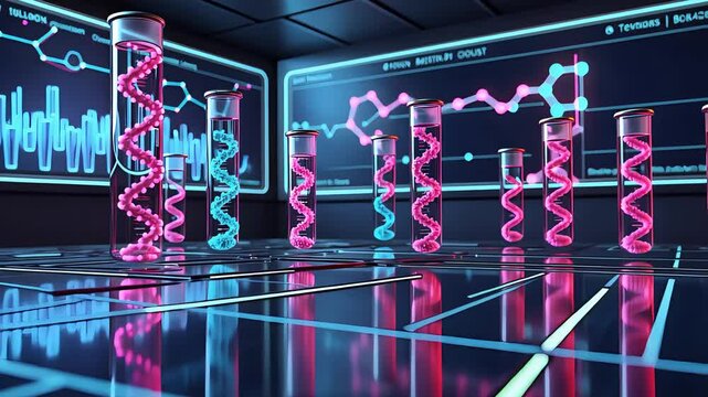 High-Tech Laboratory with Glowing Test Tubes Containing DNA Helix Patterns and Digital Data Screens in Futuristic Setting

