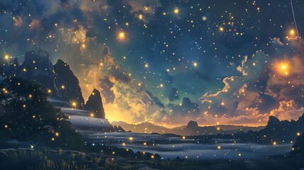 The image is a beautiful landscape with a starry night sky, mountains, and a lake.