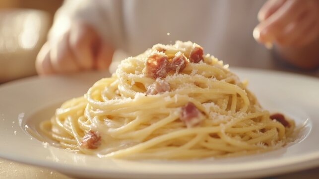 A delicious spaghetti carbonara with crispy pancetta and creamy sauce. Featuring flavor and indulgence