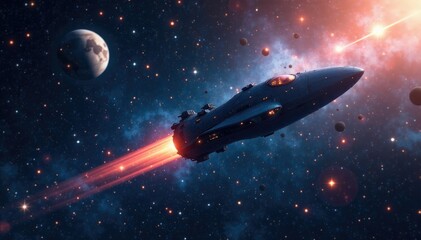 Spacecraft moving through the cosmos with stars around it, planet, telescope, stars