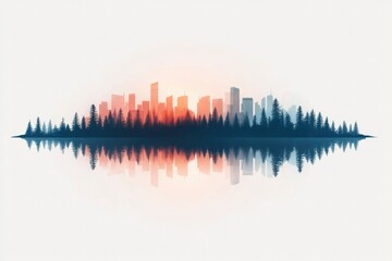 Fototapeta premium City reflected on lake behind forest during sunrise for poster or wallpaper use