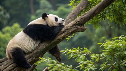 Obraz premium A giant panda rests peacefully on a thick tree branch, its black and white fur contrasting with the vibrant green foliage of the forest canopy. The panda appears relaxed